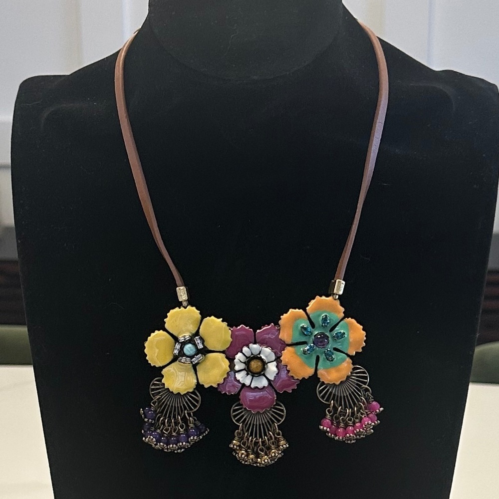 TOVA - Vibrant Boho Floral Enamel Brass Necklace on Brown Leather Cord - 18 in.